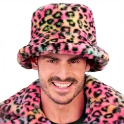 Bucket Hat i kunstpels leopard lyserød