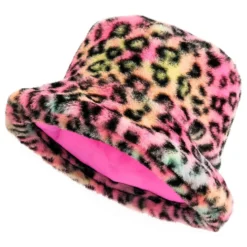 Bucket Hat i kunstpels leopard lyserød