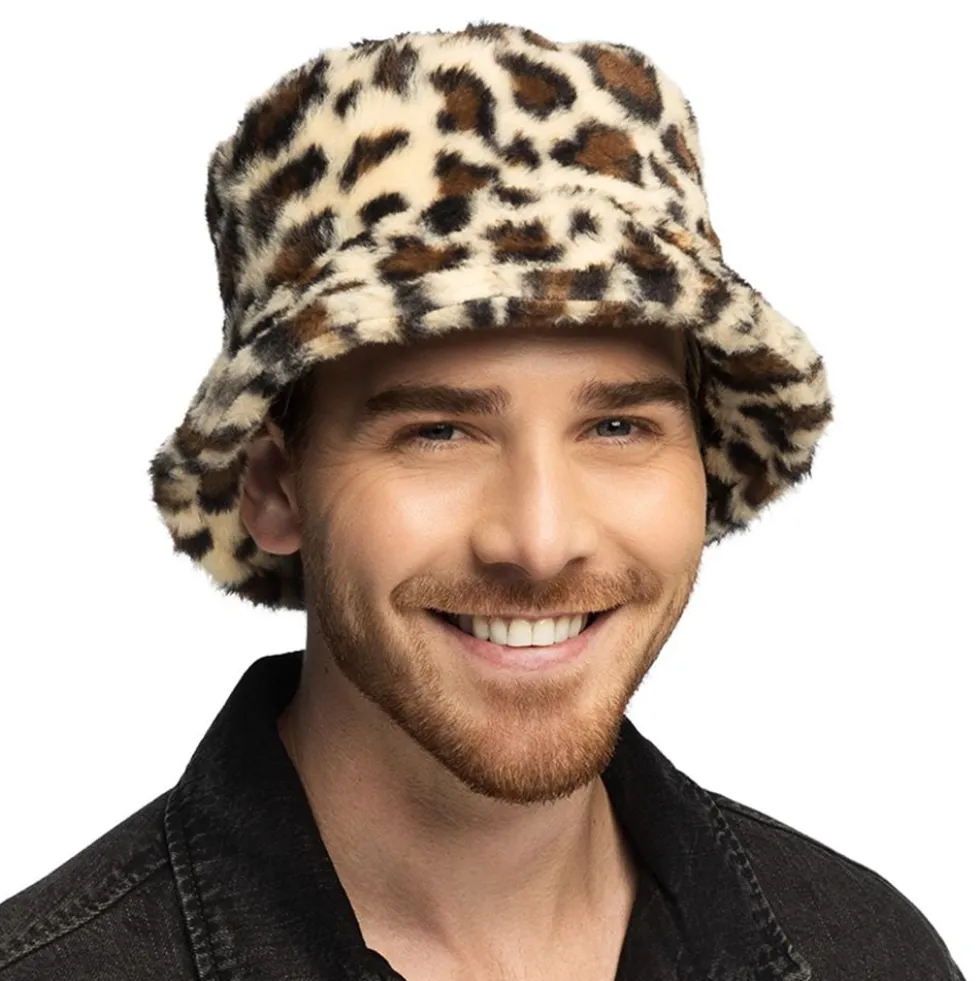 Bucket Hat i kunstpels Leopard