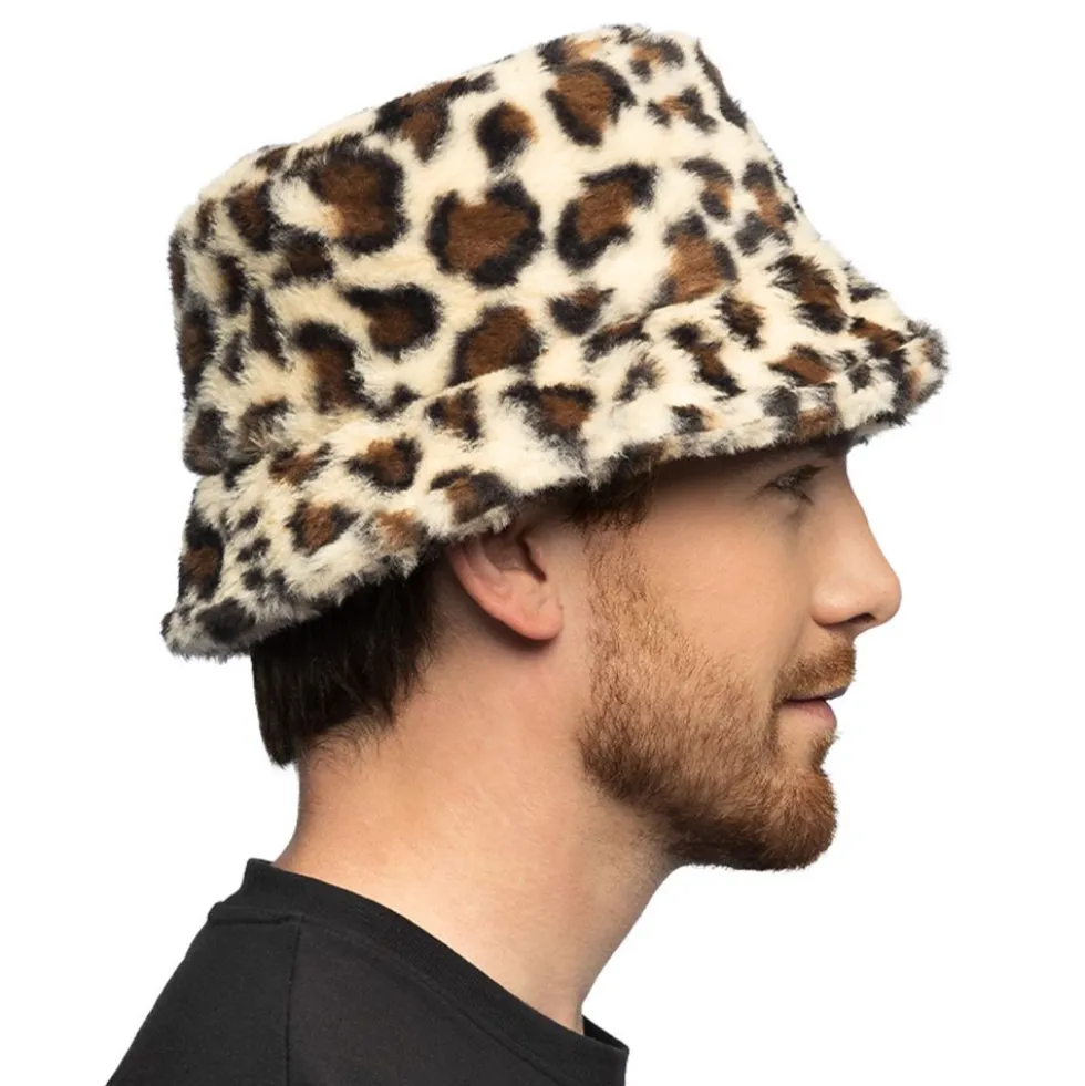Bucket Hat i kunstpels Leopard