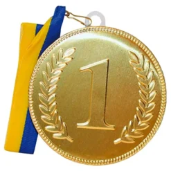 Chokolademedalje nr. 1 med Blåt/Gult Bånd