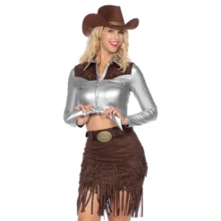 Cowgirl med Nederdel Sølv/Brun Deluxe Kostume