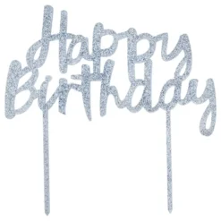 Kagedekoration Happy Birthday Sølv i Akryl
