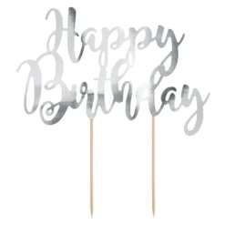 Lagkagedekoration Happy Birthday Sølv
