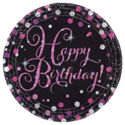 Paptallerkener Happy Birthday Sort/Lyserød Glitter