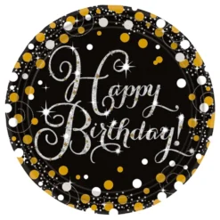 Paptallerkener Happy Birthday Sølv/Guld Glitter