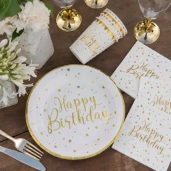 Paptallerkener Happy Birthday Guld/Hvid