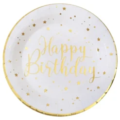 Paptallerkener Happy Birthday Guld/Hvid
