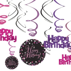 Swirls Happy Birthday Sort/Lyserød Glitter