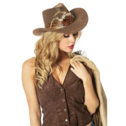 Western Cowboyhat Brun med Fjer